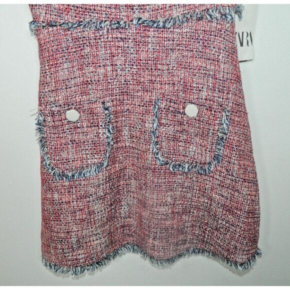 Zara Dress Size X-Small Red Blue Tweed Fringe Pocket Sleeveless Frayed Trim - Picture 6 of 13